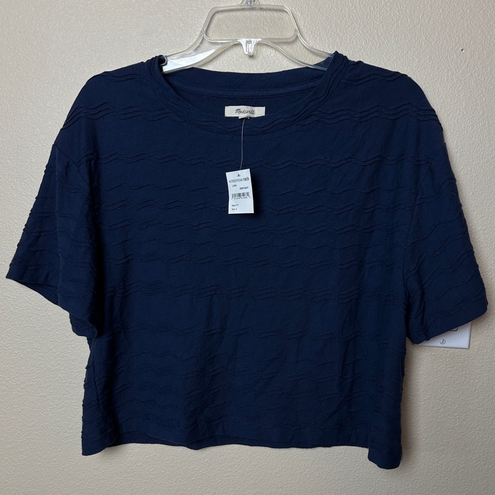 Madewell Scallop Stripe Top Cropped Wavy Cotton Deep Navy S NWT
